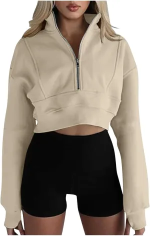 Women's Cute Pullover Half Zipper Cropped Sweatshirts, Winter Long Sleeve V Neck Knit, Fashion Hoodies Tops