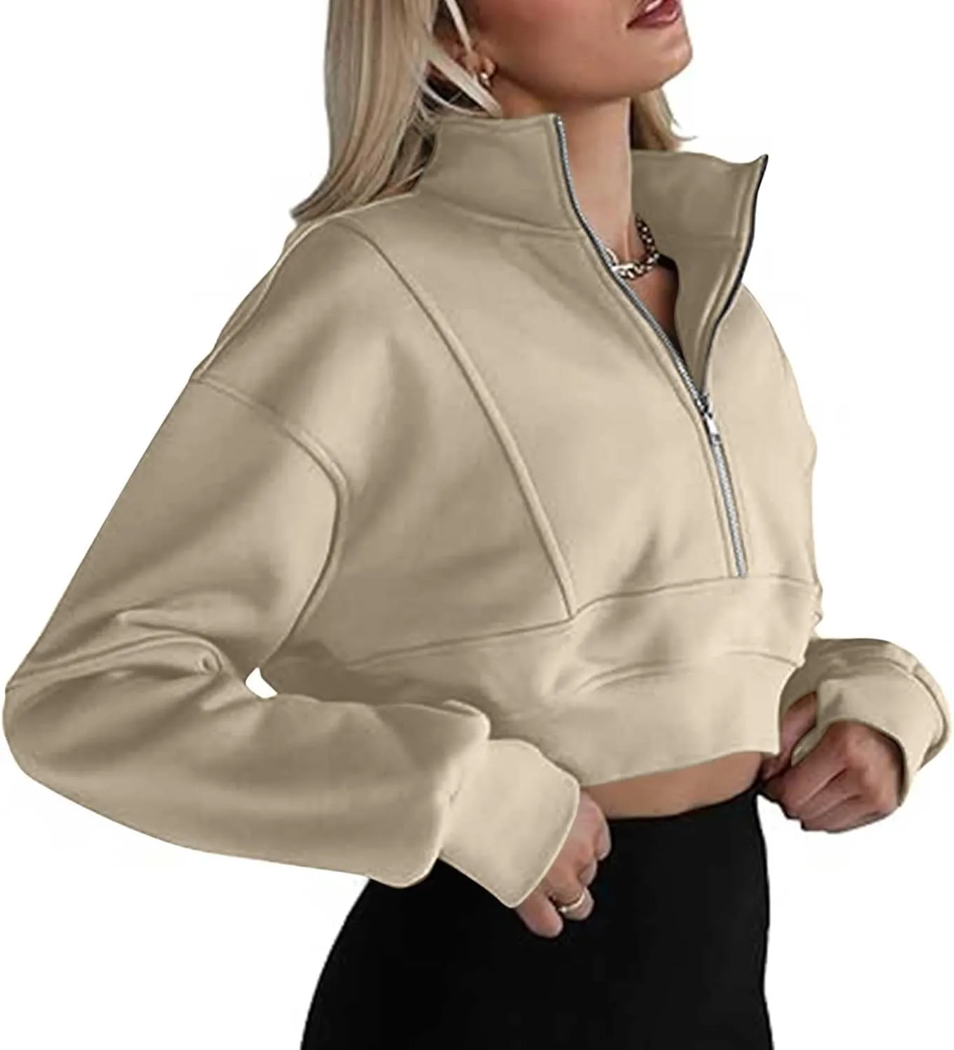 Women's Cute Pullover Half Zipper Cropped Sweatshirts, Winter Long Sleeve V Neck Knit, Fashion Hoodies Tops