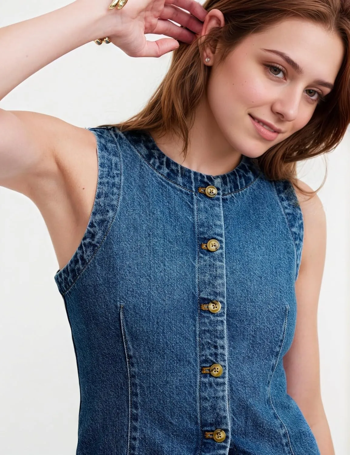 Women's Denim Vest Sleeveless Button Down Casual Jean Crewneck Waistcoat Denim Top