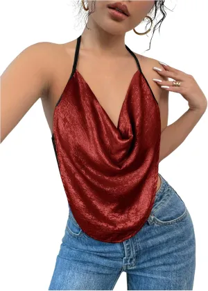 Women's Draped Neck Halter Top Sleeveless Slim Fit Crop Camisole Tops Party Clothes