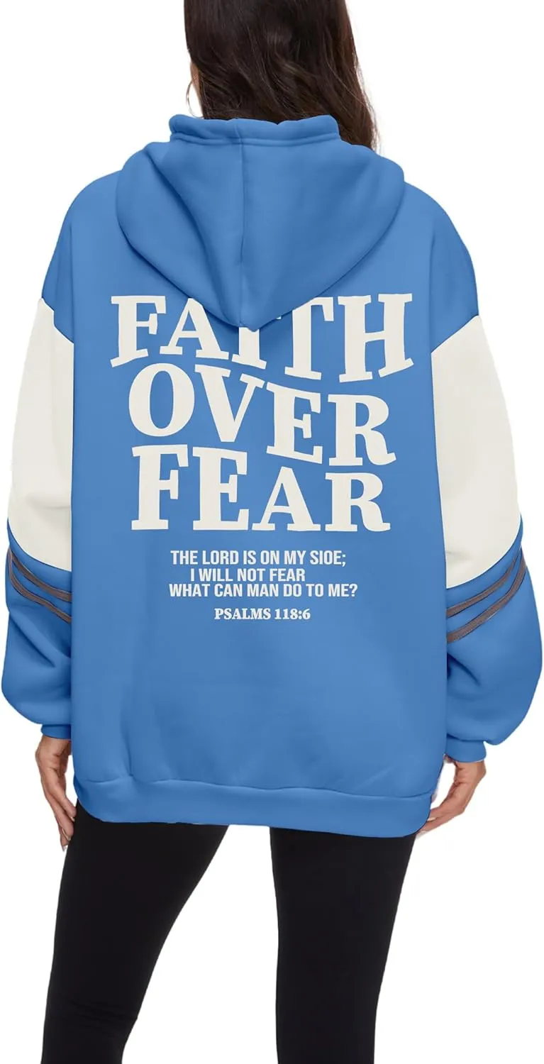 Women's Faith Over Fear Graphic Hoodie Christian Jesus Inspirational Sweatshirt Religious Sayings Pullover Tops