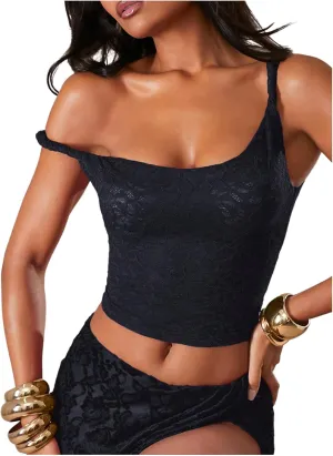 Women's Floral Lace Asymmetrical Neck Cami Top Sleeveless Slim Fitted Cropped Camisole