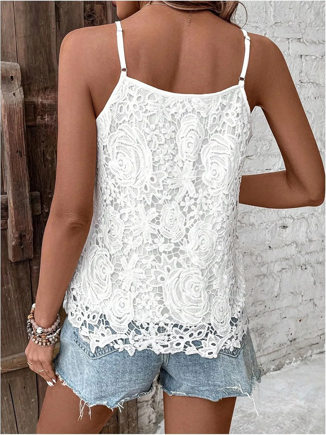 Women's Floral Lace Camisole Tops Spaghetti Strap Sleeveless Asymmetrical Hem Cami Tank Top