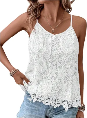 Women's Floral Lace Camisole Tops Spaghetti Strap Sleeveless Asymmetrical Hem Cami Tank Top