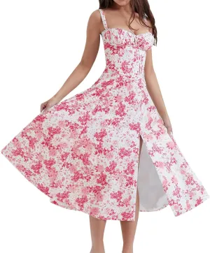 Women's Floral Midi Dress Summer Beach Sundress Halter A-line Skirts Lace-up Sleeveless Vacation Long Flowy Dresses