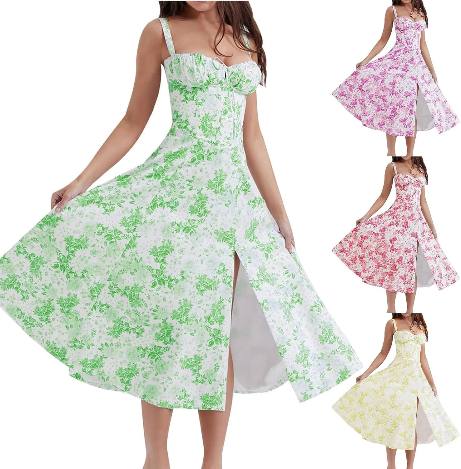 Women's Floral Midi Dress Summer Beach Sundress Halter A-line Skirts Lace-up Sleeveless Vacation Long Flowy Dresses