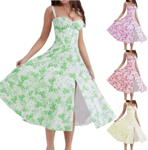 Women's Floral Midi Dress Summer Beach Sundress Halter A-line Skirts Lace-up Sleeveless Vacation Long Flowy Dresses
