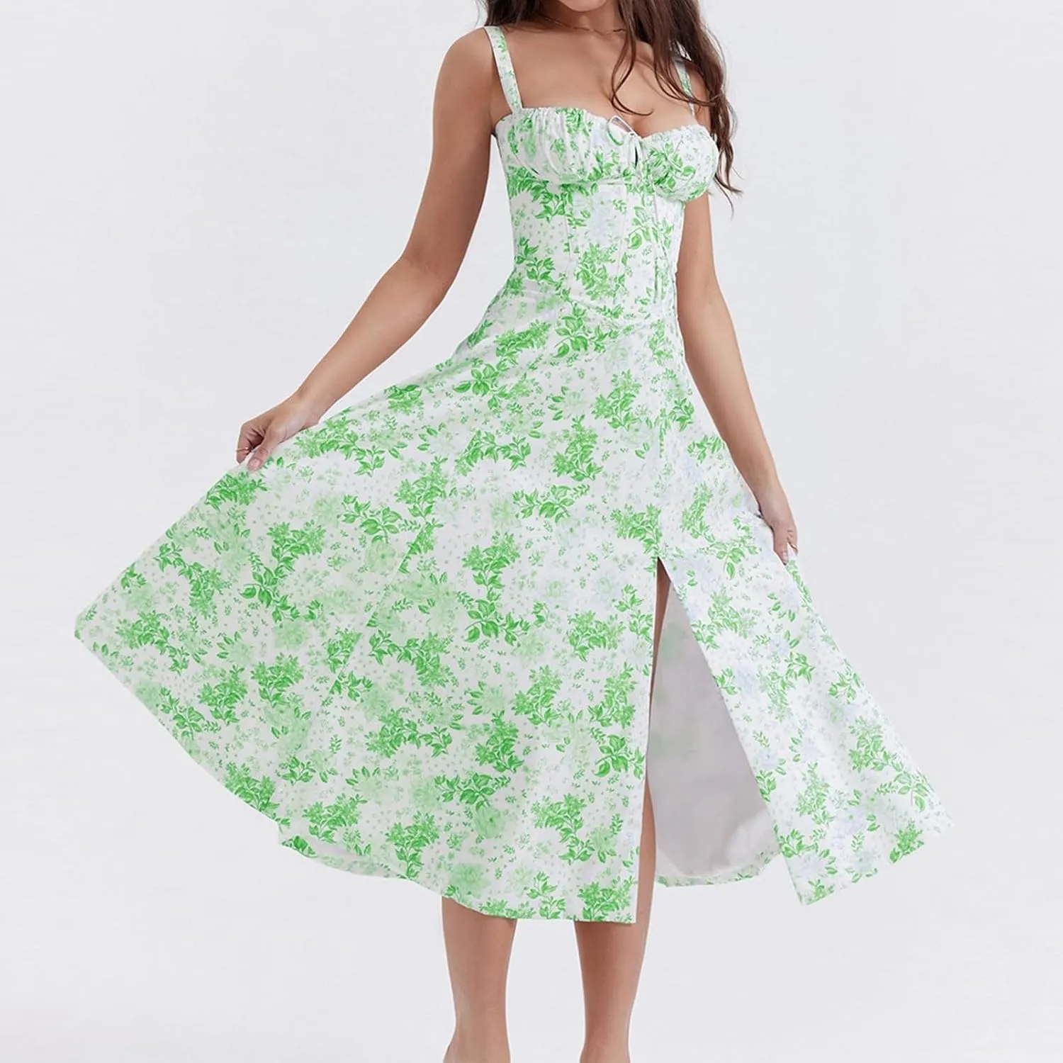 Women's Floral Midi Dress Summer Beach Sundress Halter A-line Skirts Lace-up Sleeveless Vacation Long Flowy Dresses