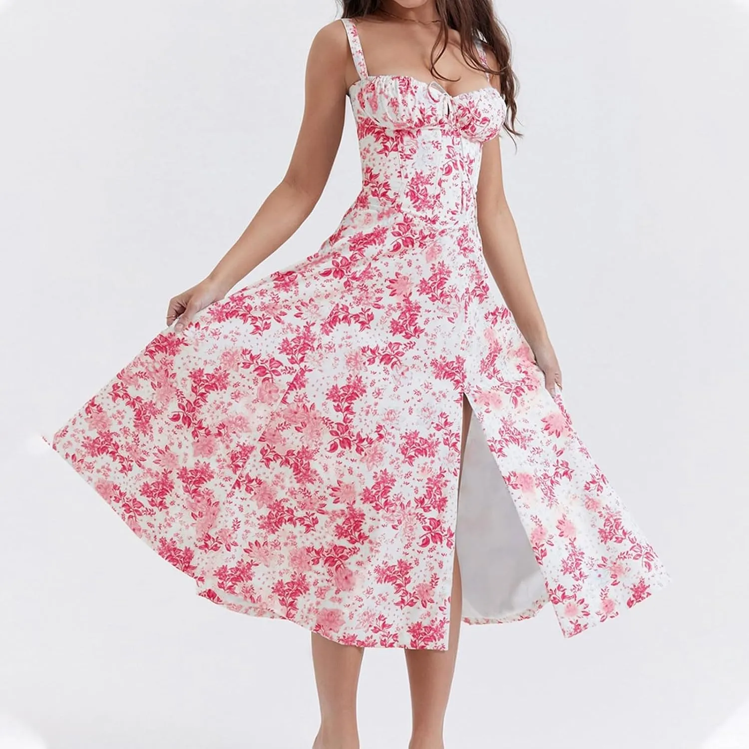 Women's Floral Midi Dress Summer Beach Sundress Halter A-line Skirts Lace-up Sleeveless Vacation Long Flowy Dresses