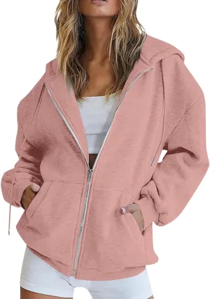 Womens Full Zip Hoodie Y2K Drop Shoulder Fleece Oversized Sweatshirt Baggy Lightweight Comfy Hooded Jackets w/Pockets