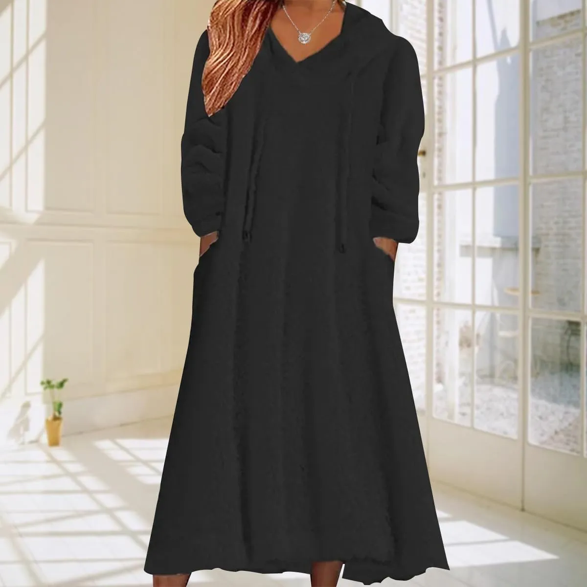 Women's Fuzzy Fleece Hoodie Maxi Dress Fall Winter Casual Long Sleeve Flannel A Line Sherpa Hooded Sweatshirt Dress