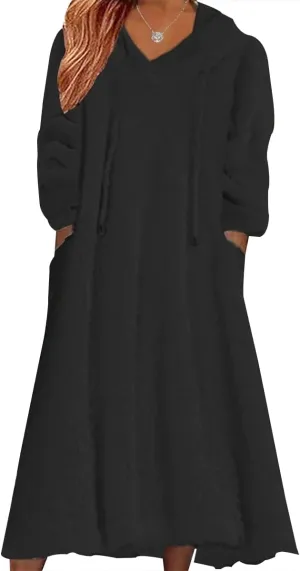 Women's Fuzzy Fleece Hoodie Maxi Dress Fall Winter Casual Long Sleeve Flannel A Line Sherpa Hooded Sweatshirt Dress