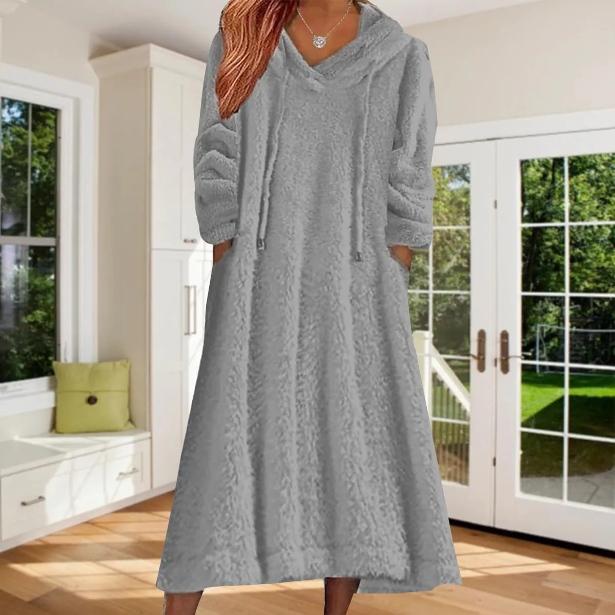 Women's Fuzzy Fleece Hoodie Maxi Dress Fall Winter Casual Long Sleeve Flannel A Line Sherpa Hooded Sweatshirt Dress
