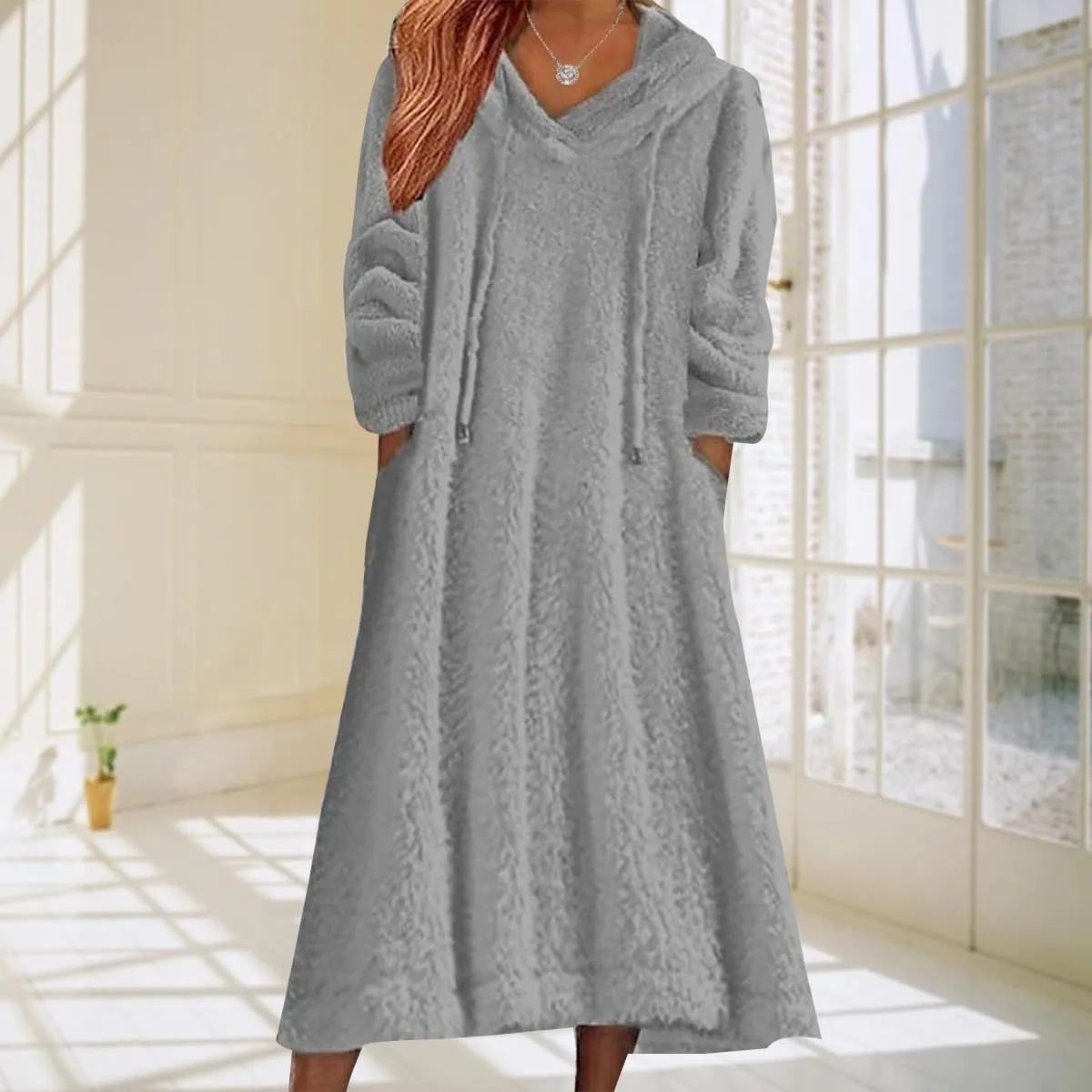Women's Fuzzy Fleece Hoodie Maxi Dress Fall Winter Casual Long Sleeve Flannel A Line Sherpa Hooded Sweatshirt Dress