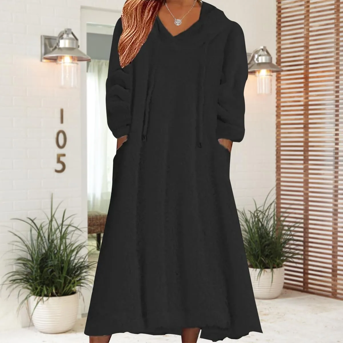Women's Fuzzy Fleece Hoodie Maxi Dress Fall Winter Casual Long Sleeve Flannel A Line Sherpa Hooded Sweatshirt Dress