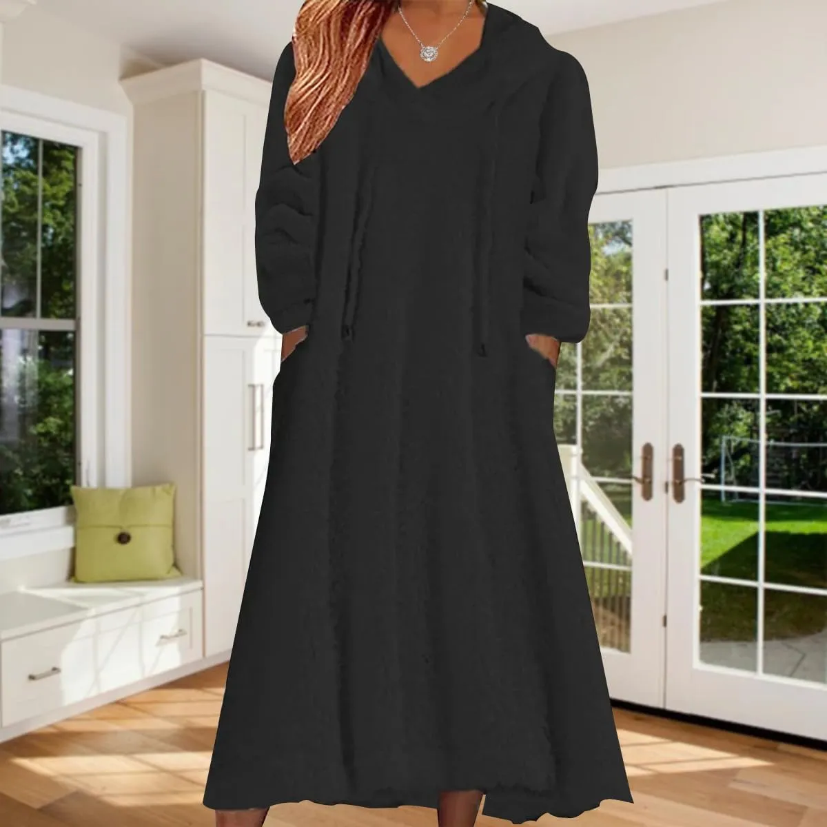 Women's Fuzzy Fleece Hoodie Maxi Dress Fall Winter Casual Long Sleeve Flannel A Line Sherpa Hooded Sweatshirt Dress