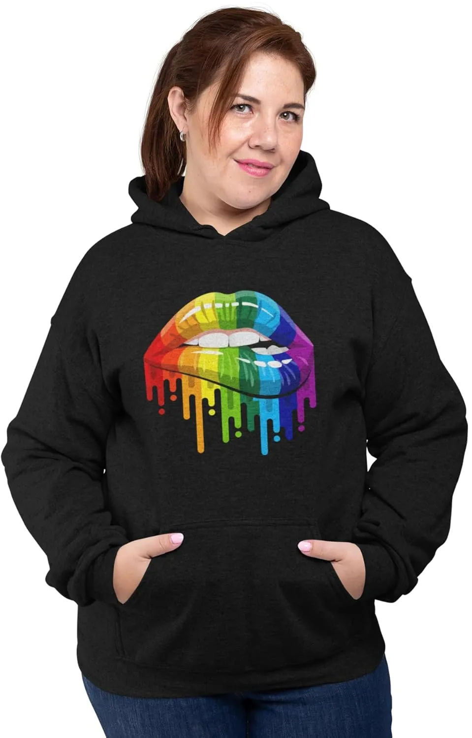 Women's hoodies sport pullover pullover with pockets, hoodie athletic oversized hooded sweatshirt winter, sexy lips print. (5X-Large, Lip Multicolors, Black)