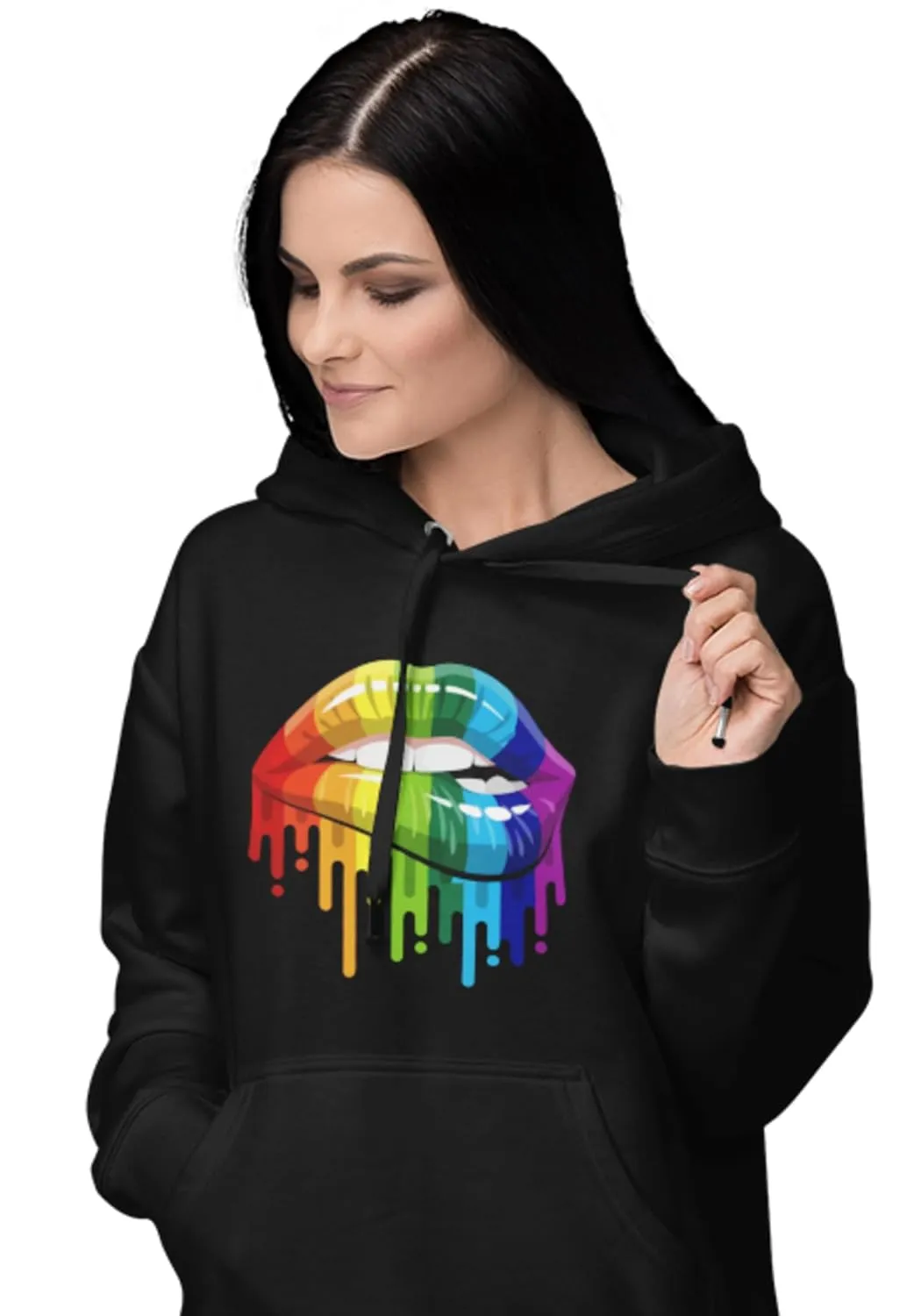 Women's hoodies sport pullover pullover with pockets, hoodie athletic oversized hooded sweatshirt winter, sexy lips print. (5X-Large, Lip Multicolors, Black)