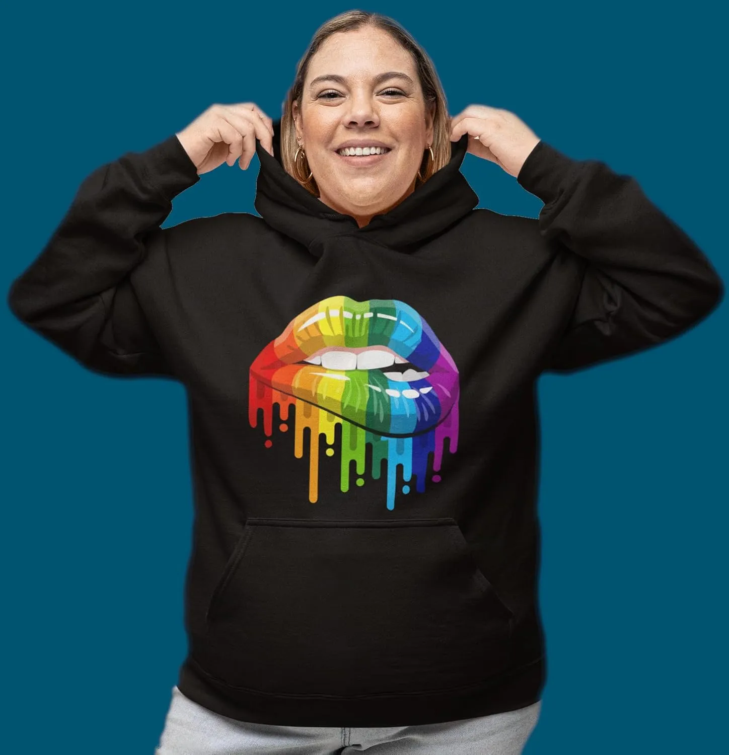 Women's hoodies sport pullover pullover with pockets, hoodie athletic oversized hooded sweatshirt winter, sexy lips print. (5X-Large, Lip Multicolors, Black)
