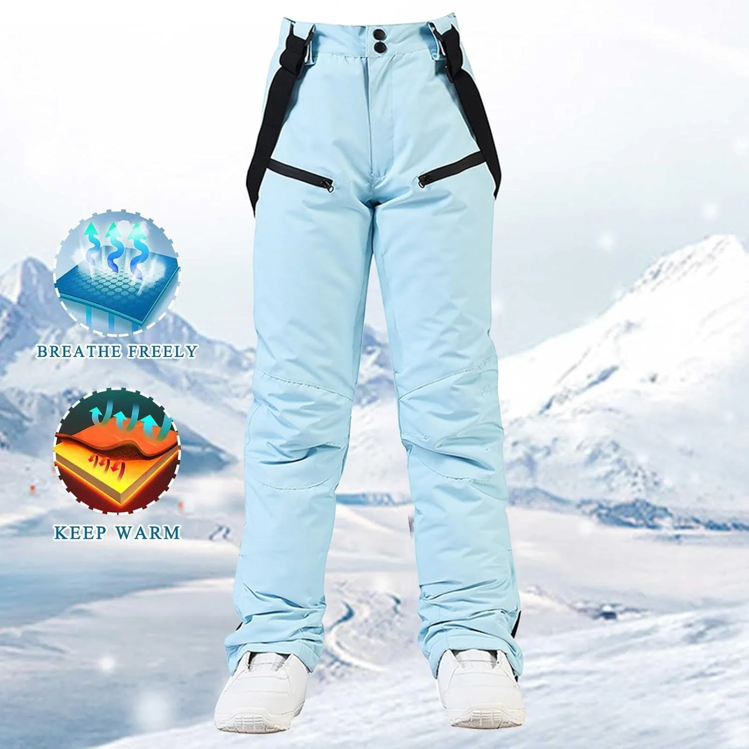 Women's Insulated Snow Pants Winter Solid Warm Ski Pant Outdoor Waterproof Snowboard Bibs with Detachable Suspender