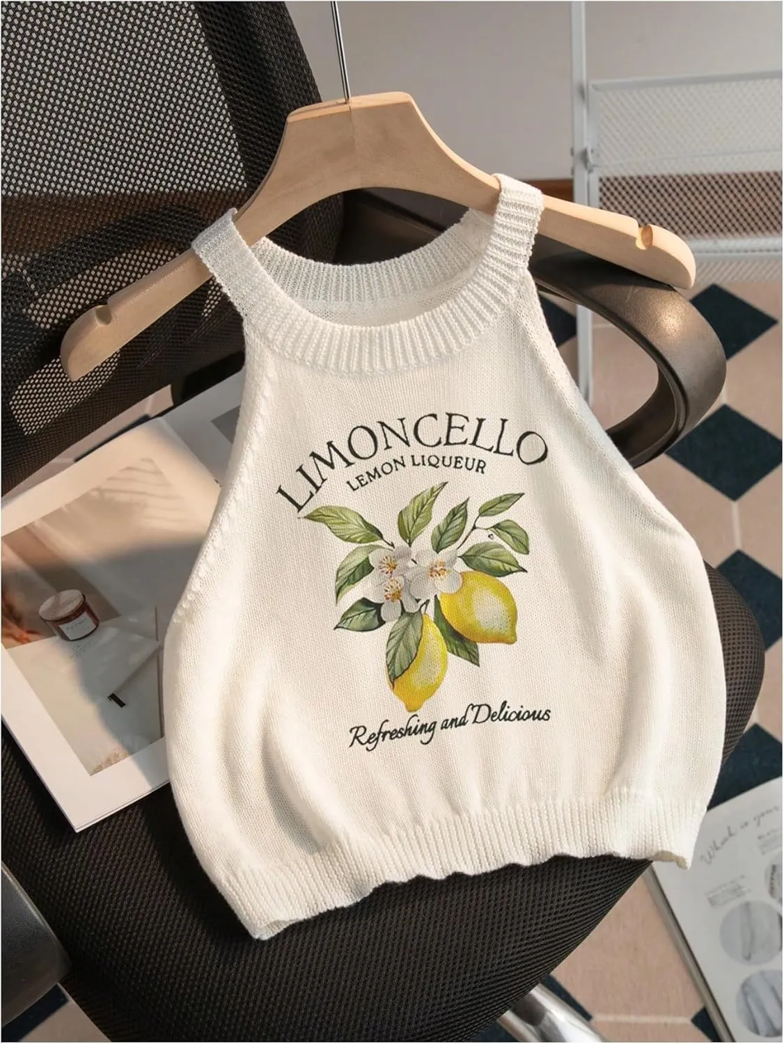 Women's Lemon Graphic Sleeveless Sweater Tank Top Knitted Slim Fit Crop Halter Tops