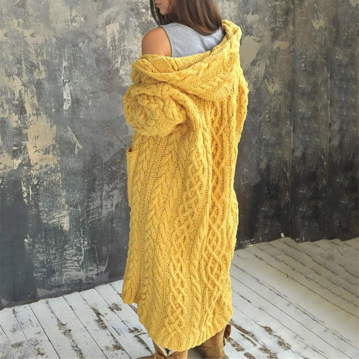 Women's Lightweight Hooded Sweaters Oversized Open Cardigan Warm Outwear Coat Cable Knit Long Cardigan Sweaters with Pockets