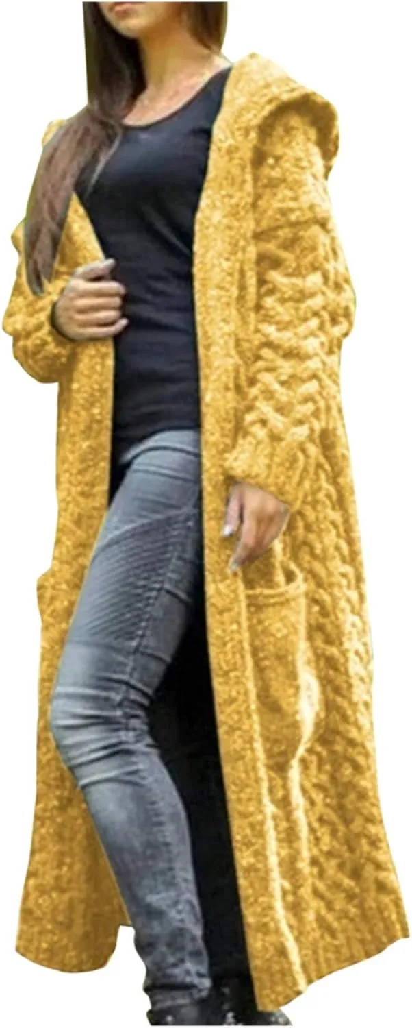 Women's Lightweight Hooded Sweaters Oversized Open Cardigan Warm Outwear Coat Cable Knit Long Cardigan Sweaters with Pockets