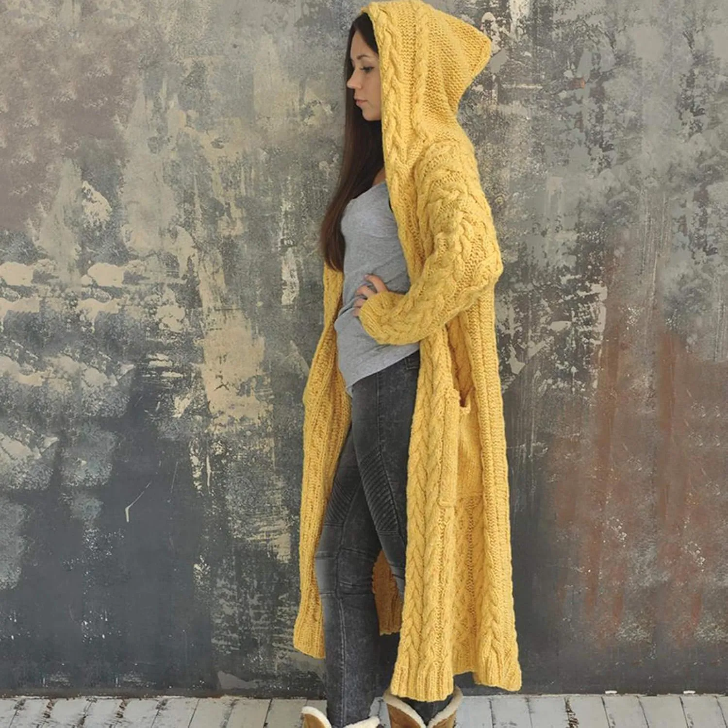 Women's Lightweight Hooded Sweaters Oversized Open Cardigan Warm Outwear Coat Cable Knit Long Cardigan Sweaters with Pockets