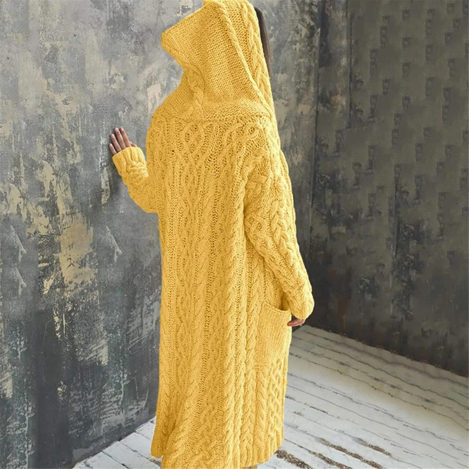 Women's Lightweight Hooded Sweaters Oversized Open Cardigan Warm Outwear Coat Cable Knit Long Cardigan Sweaters with Pockets