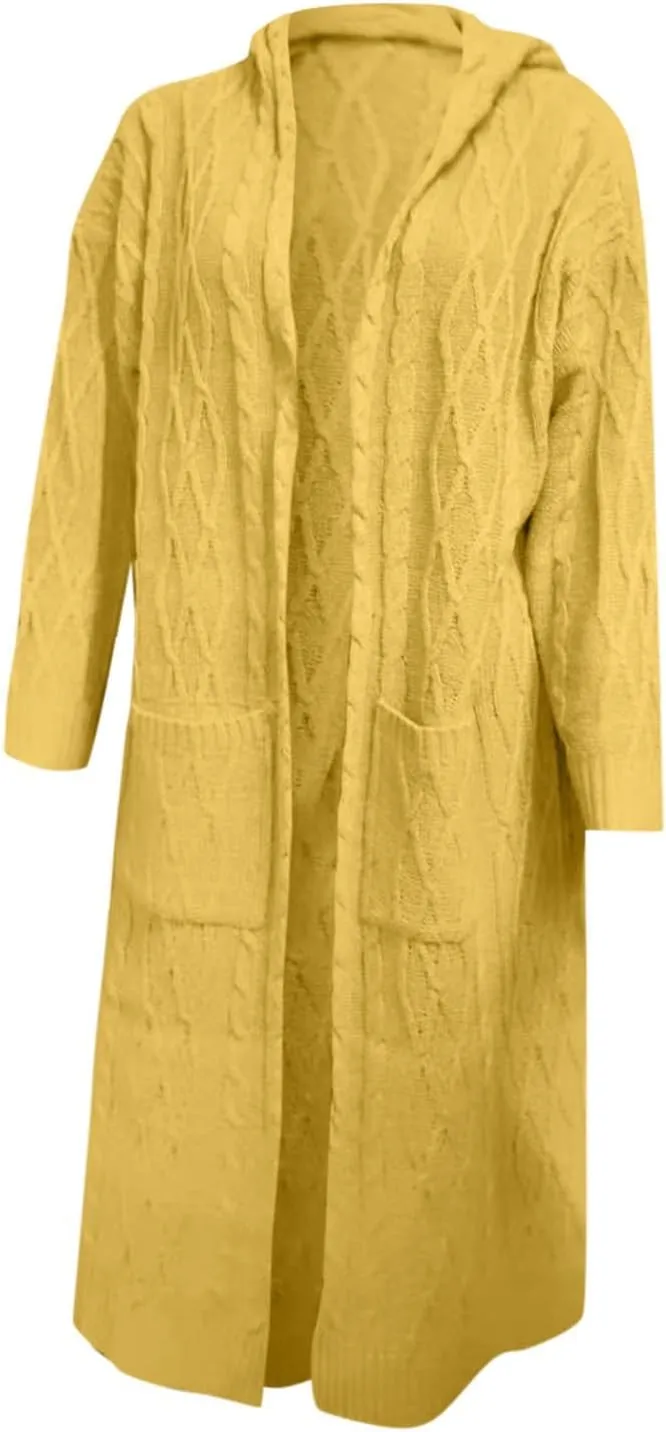Women's Lightweight Hooded Sweaters Oversized Open Cardigan Warm Outwear Coat Cable Knit Long Cardigan Sweaters with Pockets