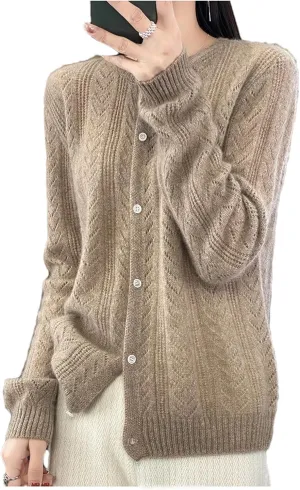Womens Lightweight Wool Sweater Long Sleeve Button Down Crew Neck Casual Loose Knit Cardigan Coat