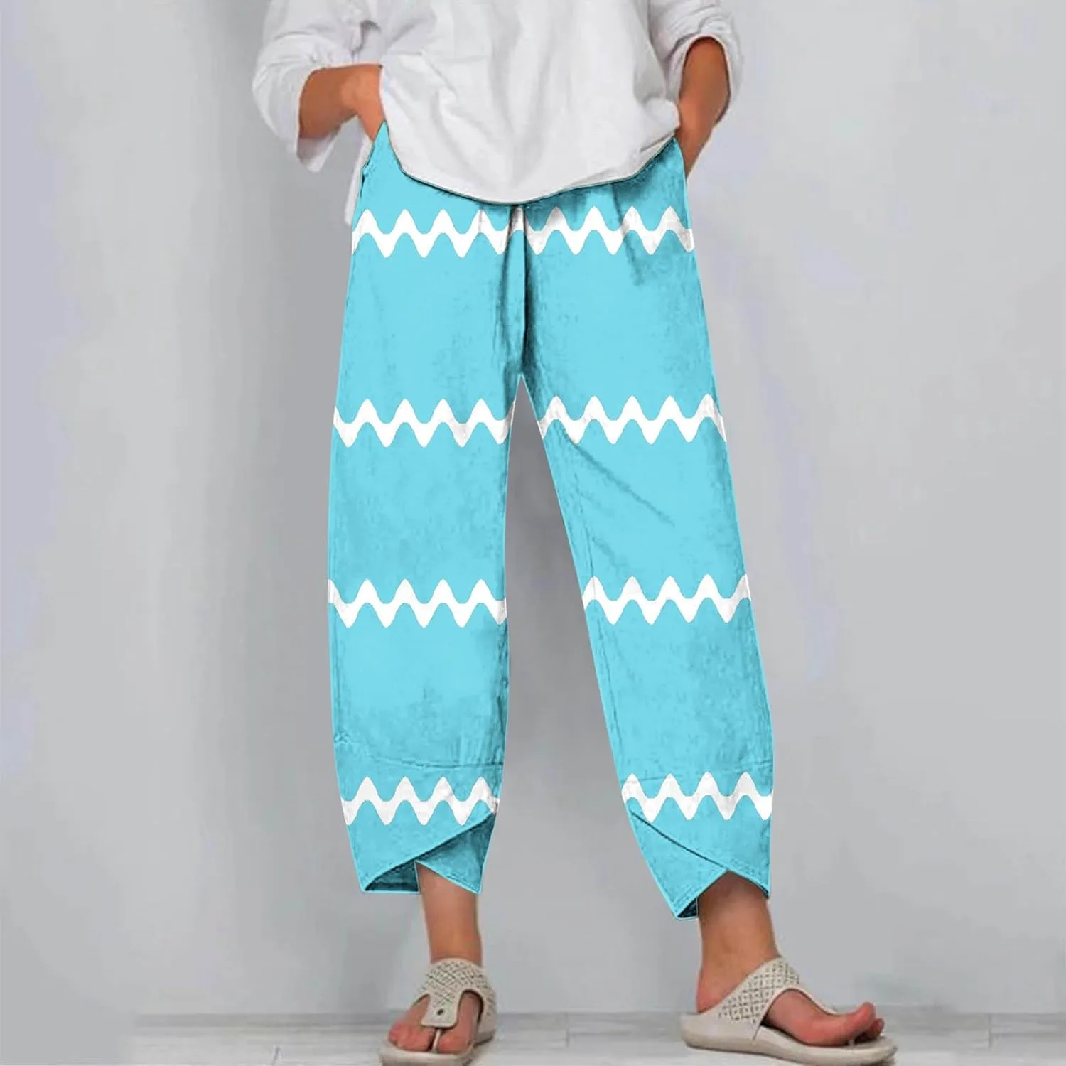 Women's Linen Cropped Pants Tapered Ankle Capris Trousers Casual Elastic Waist Sweatpant with Pockets Boho Lounge Pant