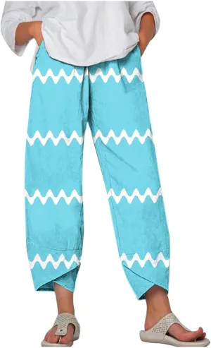 Women's Linen Cropped Pants Tapered Ankle Capris Trousers Casual Elastic Waist Sweatpant with Pockets Boho Lounge Pant