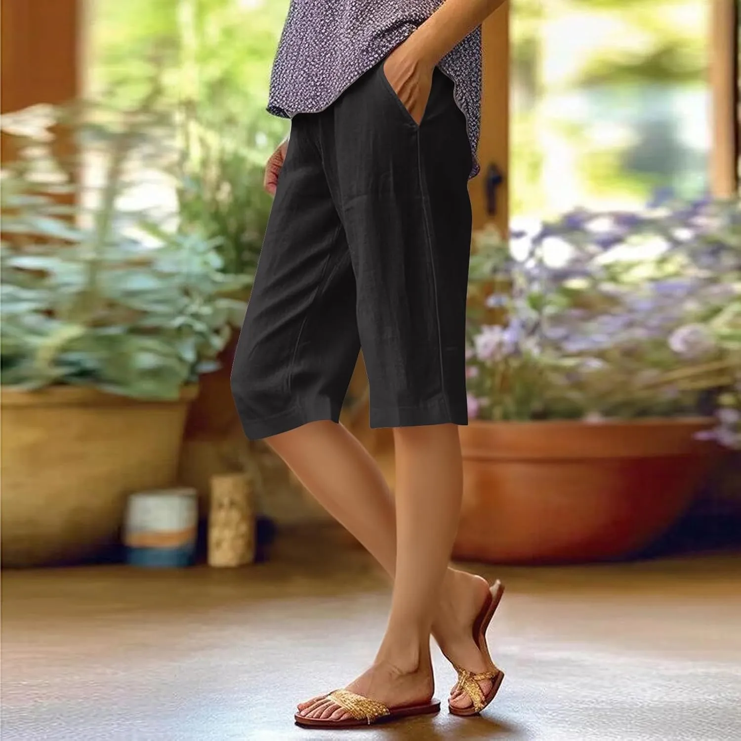 Womens Linen Tapered Capri Pants Plus Size Solid Color Cotton Linen Casual Summer 2025 Straight Leg Cropped Trouser