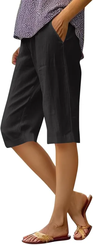 Womens Linen Tapered Capri Pants Plus Size Solid Color Cotton Linen Casual Summer 2025 Straight Leg Cropped Trouser