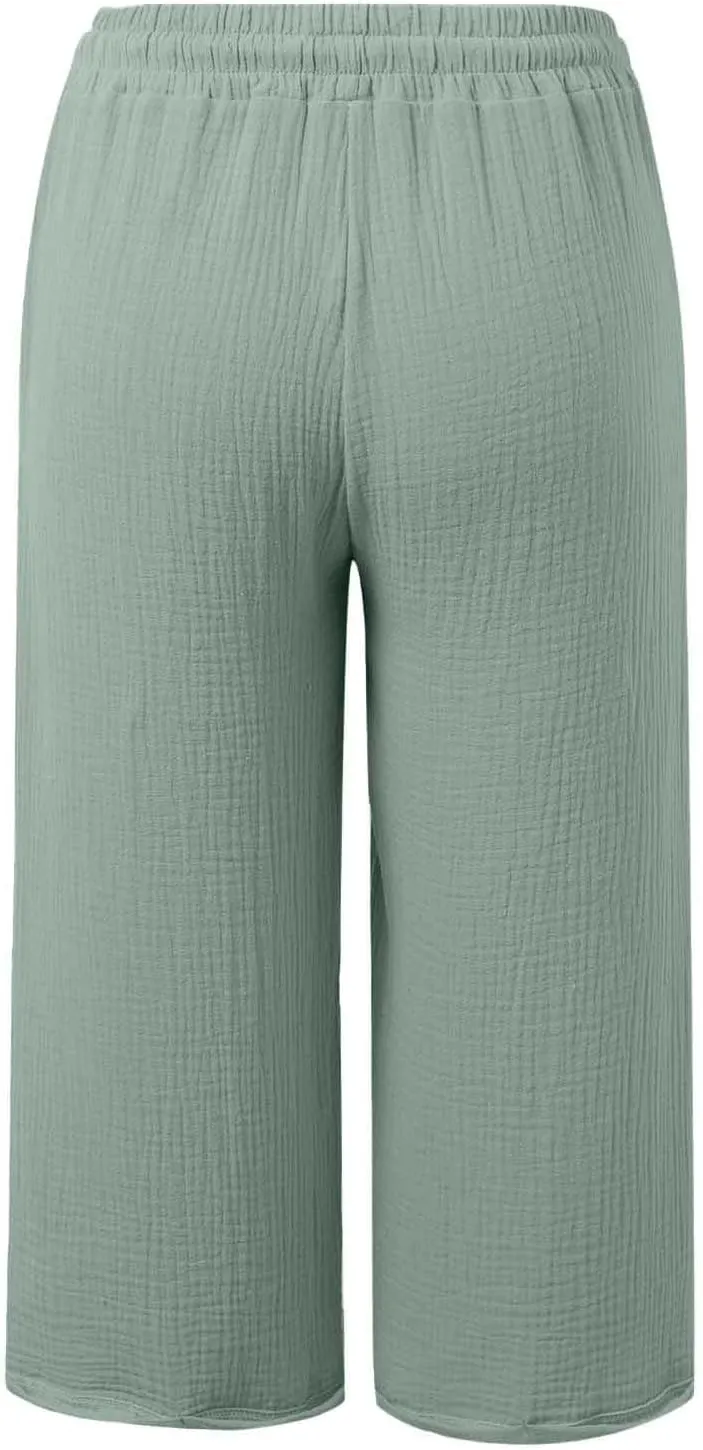 Womens Linen Wide Leg Capri Pants Casual High Waisted Pants Loose Lightweight Beach Harem Pant Summer Vacation Trouser