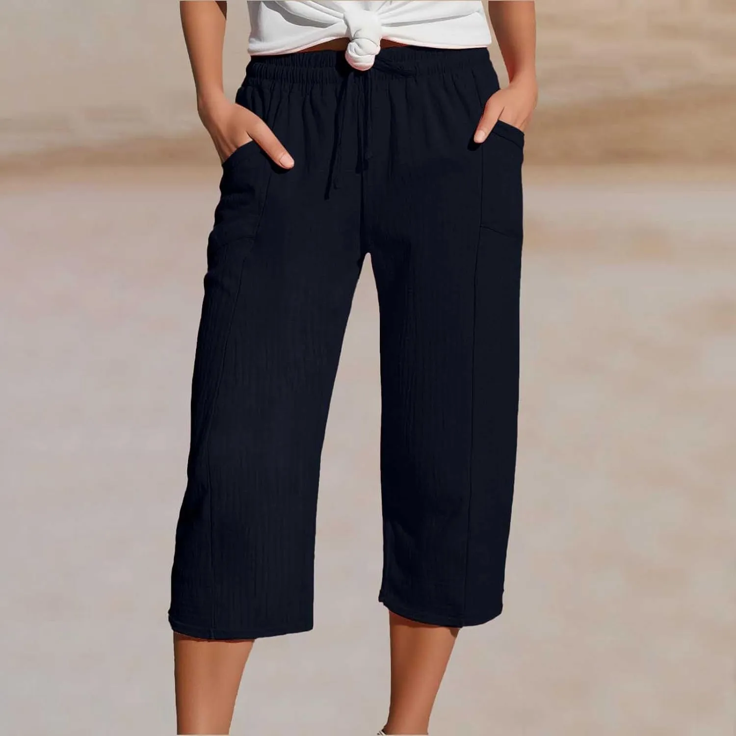 Womens Linen Wide Leg Capri Pants Casual High Waisted Pants Loose Lightweight Beach Harem Pant Summer Vacation Trouser