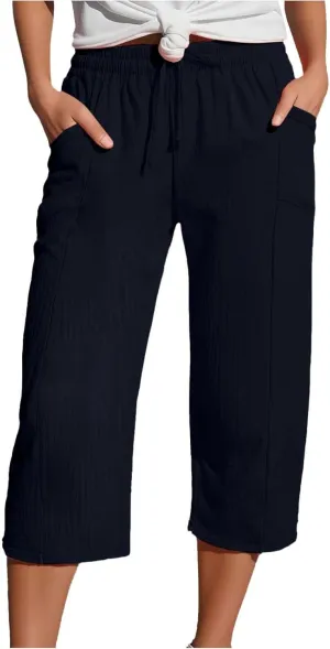 Womens Linen Wide Leg Capri Pants Casual High Waisted Pants Loose Lightweight Beach Harem Pant Summer Vacation Trouser