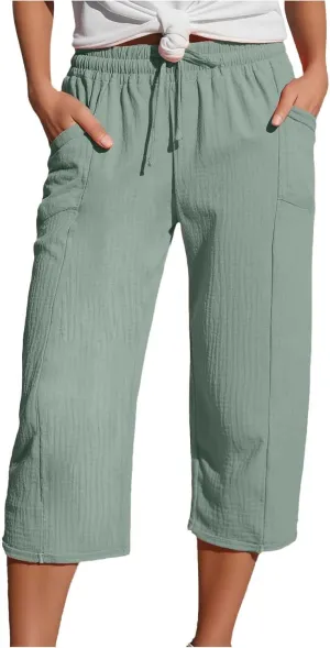 Womens Linen Wide Leg Capri Pants Casual High Waisted Pants Loose Lightweight Beach Harem Pant Summer Vacation Trouser