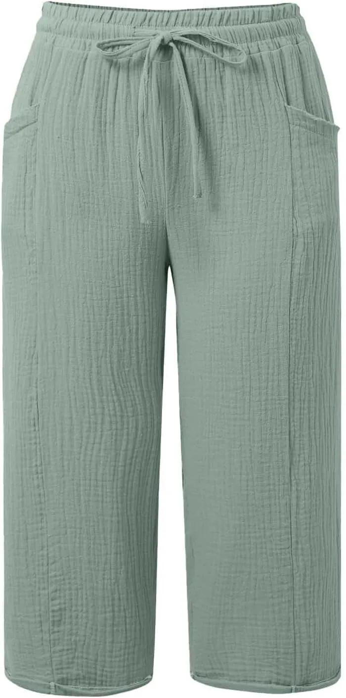 Womens Linen Wide Leg Capri Pants Casual High Waisted Pants Loose Lightweight Beach Harem Pant Summer Vacation Trouser