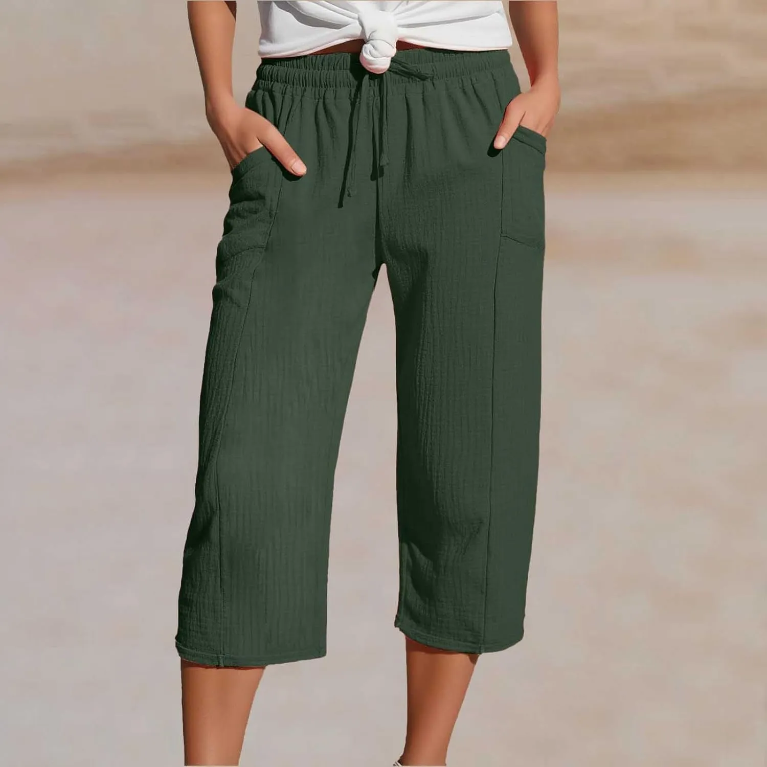 Womens Linen Wide Leg Capri Pants Casual High Waisted Pants Loose Lightweight Beach Harem Pant Summer Vacation Trouser