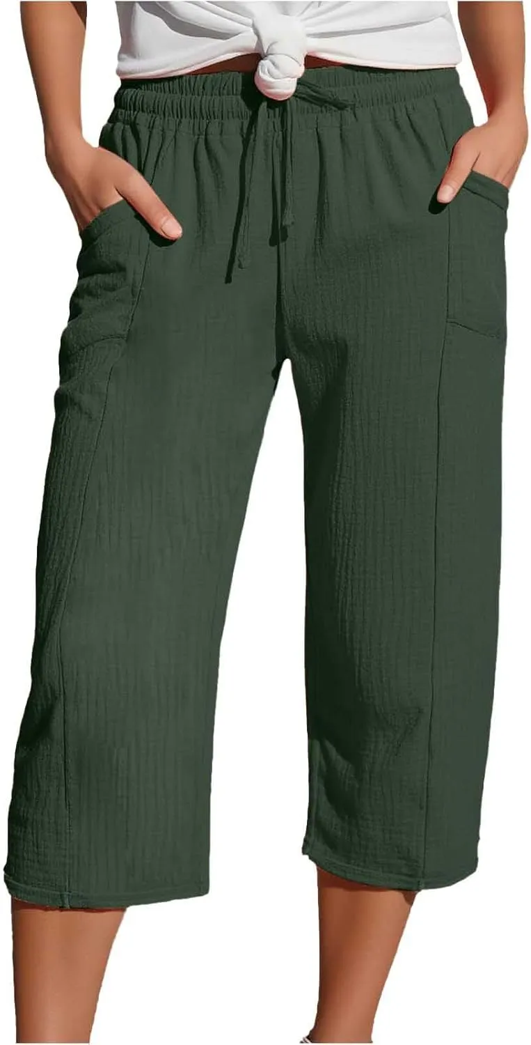 Womens Linen Wide Leg Capri Pants Casual High Waisted Pants Loose Lightweight Beach Harem Pant Summer Vacation Trouser
