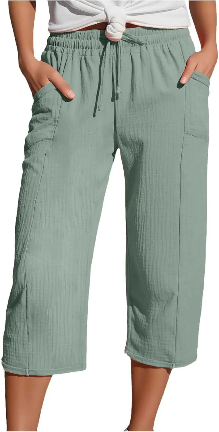 Womens Linen Wide Leg Capri Pants Casual High Waisted Pants Loose Lightweight Beach Harem Pant Summer Vacation Trouser