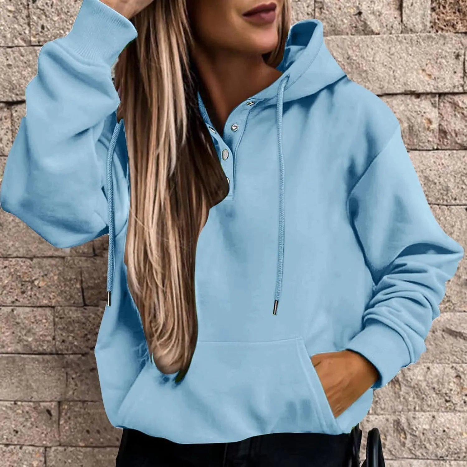Women's Long Sleeve Oversized Pullover Solid Color Letter Print Hoodie Fall Winter Loose Sweatshirt with Pockets