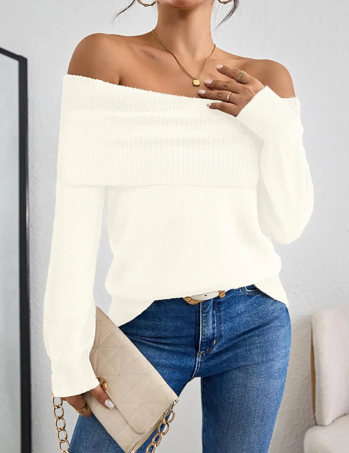 Womens Loose Off The Shoulder Sweater Spring 2025 Trendy Sexy Ladies Dressy Casual Outfits Ribbed Knit Pullover Top
