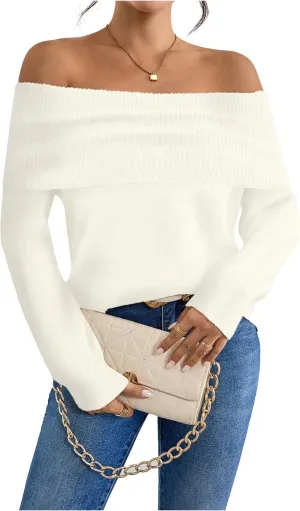 Womens Loose Off The Shoulder Sweater Spring 2025 Trendy Sexy Ladies Dressy Casual Outfits Ribbed Knit Pullover Top