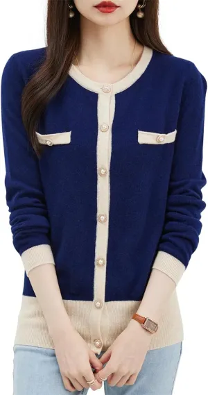 Women's Merino Wool Cardigan Sweater Fall Winter O Neck Warm Long Sleeve Knit Cardigan