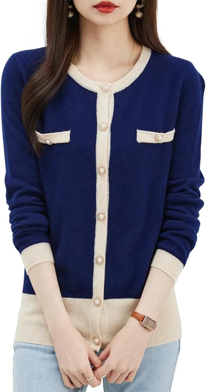 Women's Merino Wool Cardigan Sweater Fall Winter O Neck Warm Long Sleeve Knit Cardigan