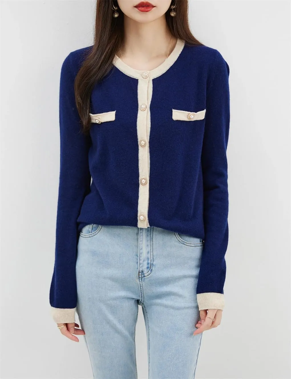 Women's Merino Wool Cardigan Sweater Fall Winter O Neck Warm Long Sleeve Knit Cardigan