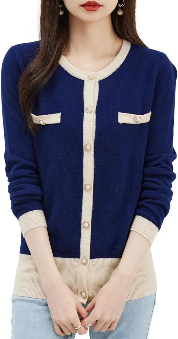 Women's Merino Wool Cardigan Sweater Fall Winter O Neck Warm Long Sleeve Knit Cardigan